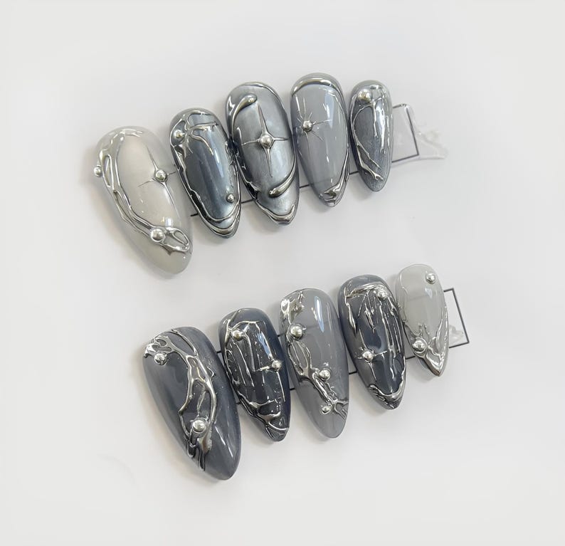 Dark Futuristic Metallic Press On Nails