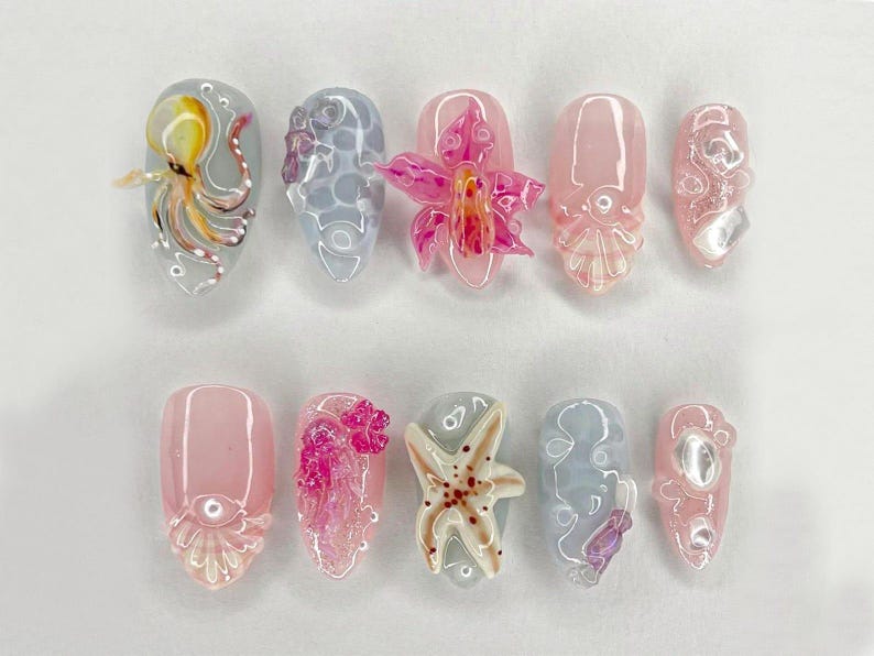 Whimsical Ocean Bloom Press On Nails