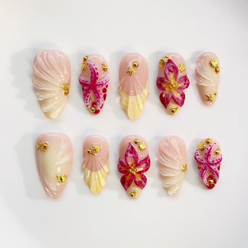 Summer Starfish Floral Yellow Burgundy Press On Nails