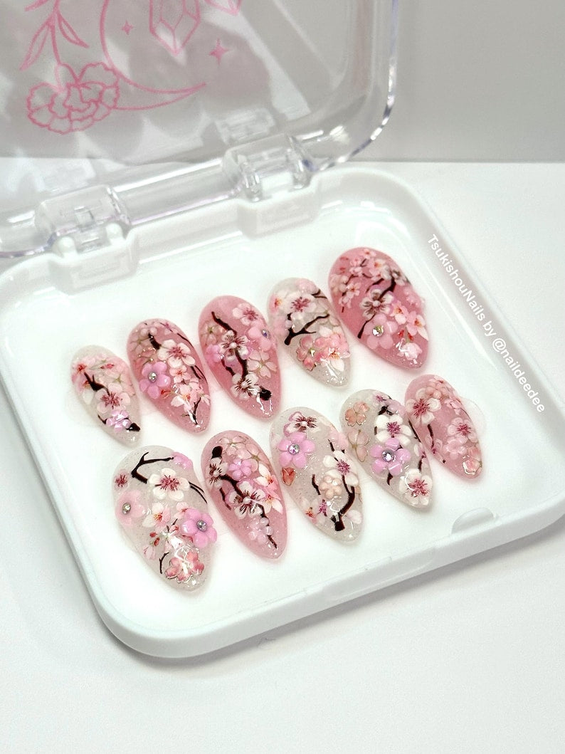 Elegant Cherry Blossom Floral Press On Nails