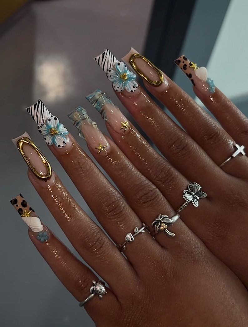 Coastal Blue Safari Summer Long Square Press On Nails