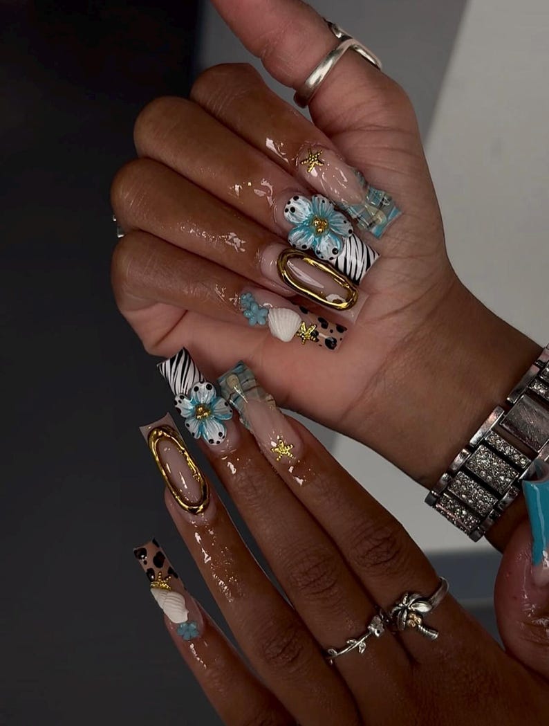 Coastal Blue Safari Summer Long Square Press On Nails