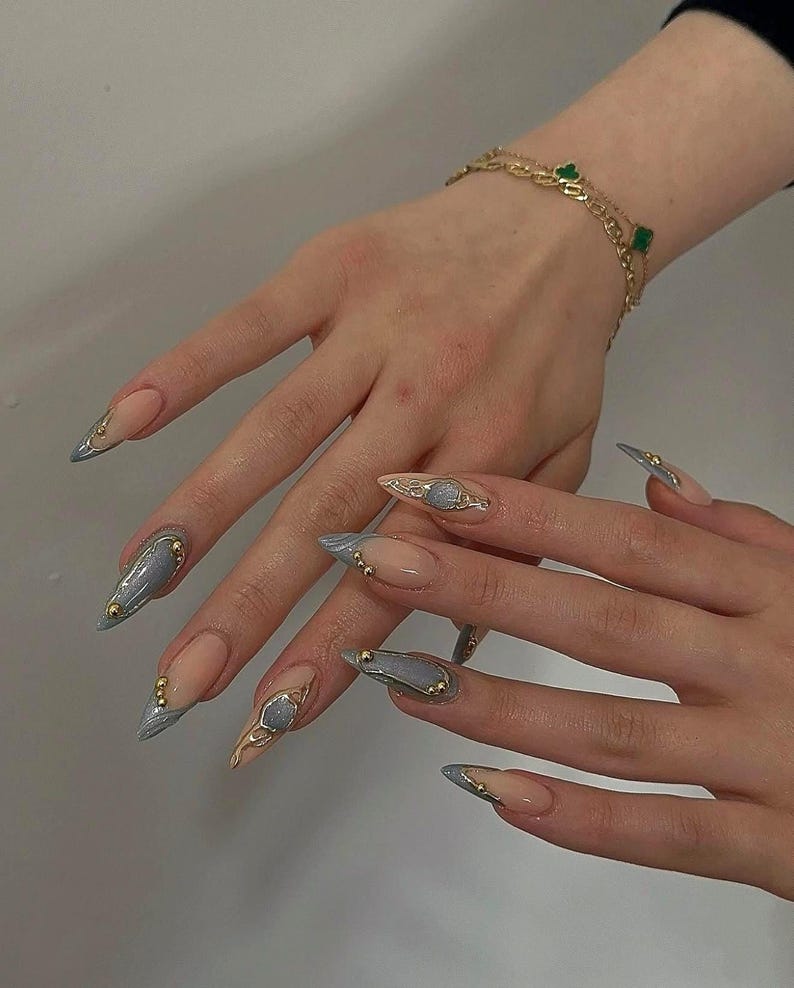 Romantic Pastel Floral & Gold Accent Press On Nails