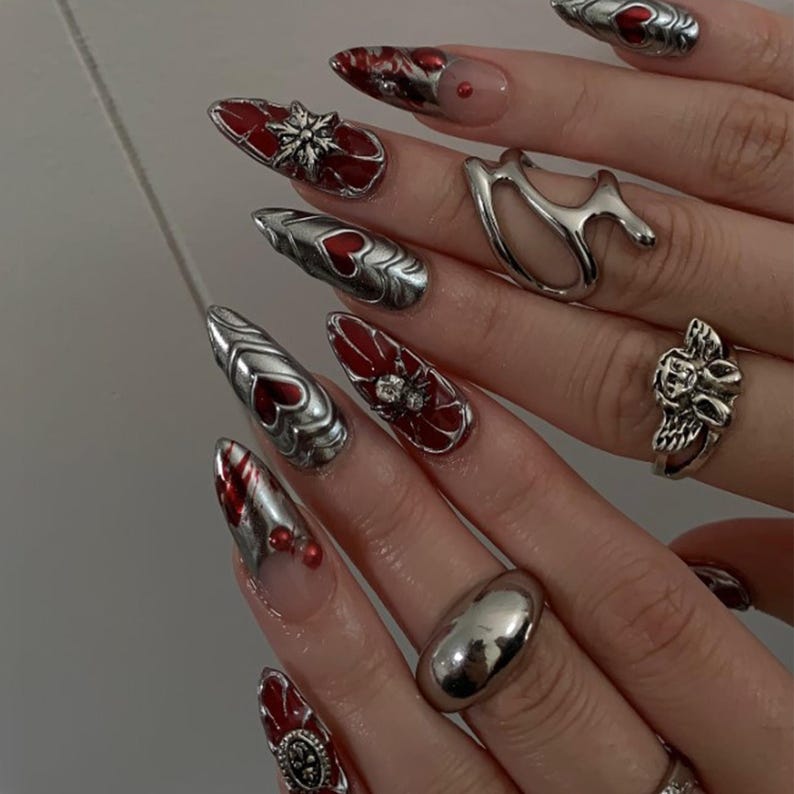 Metallic Silver Red Heart Press-On Set With 3D Chrome Layers