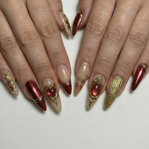 Press On Nails Adhesive Tabs – Nude Burgundy Gold Heart & Rose Chrome Long Stiletto Handmade Fake Nails for Luxury Romantic Look | OB25L