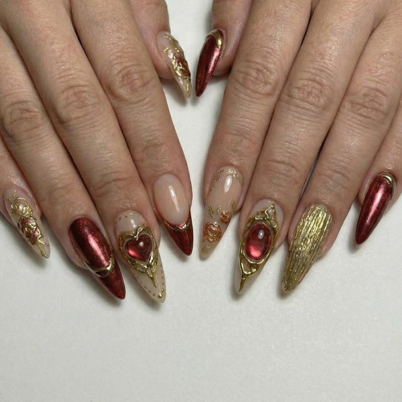 Press On Nails Adhesive Tabs – Nude Burgundy Gold Heart & Rose Chrome Long Stiletto Handmade Fake Nails for Luxury Romantic Look | OB25L