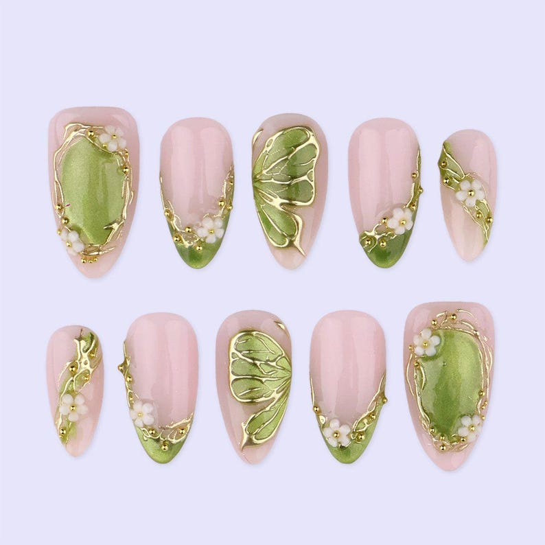 Spring Green Press On with Floral & Butterfly
