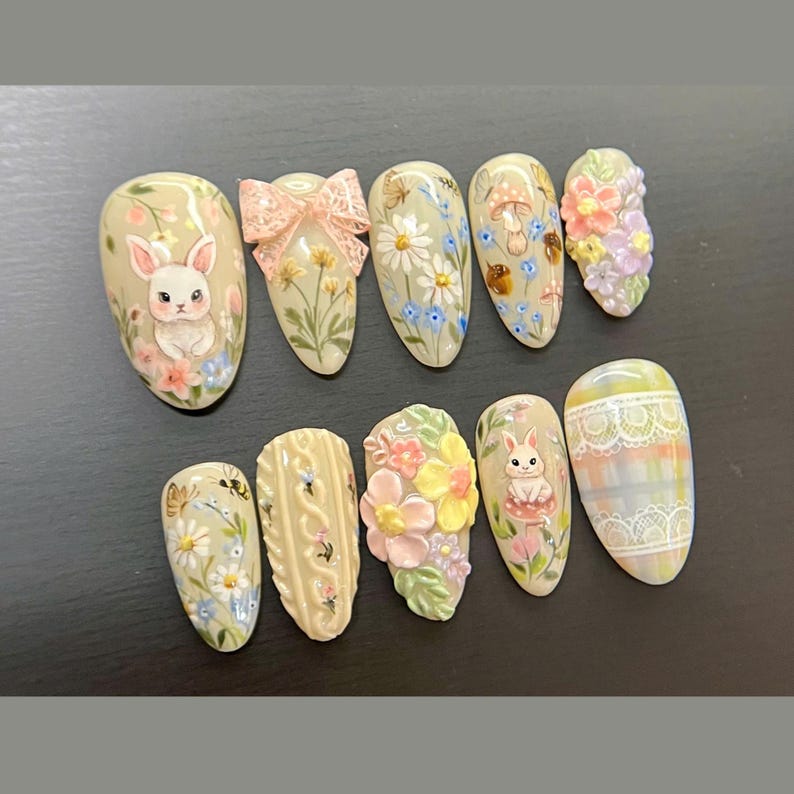 Cottagecore Bunny Floral Pastel Press On Nails