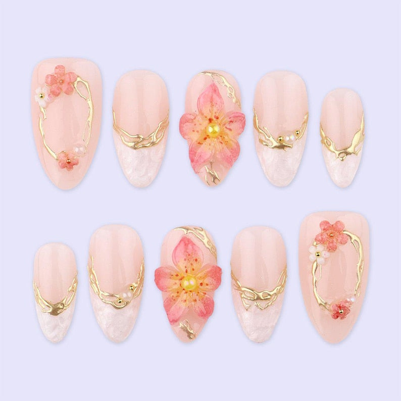 Petal Glow Floral Pearl Gold Frame Press On Nails