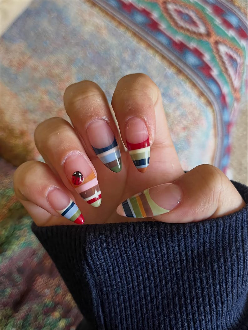 Retro Earth Tone Stripe Ladybug French Tip Press On Nails