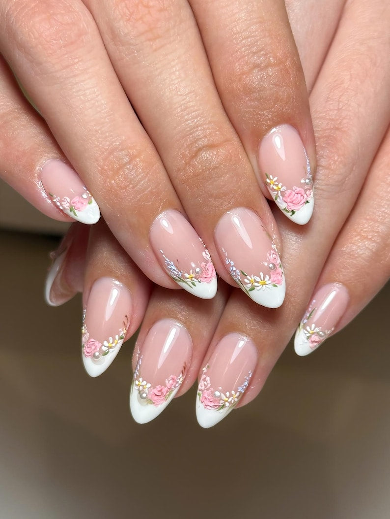 Elegant Pink Floral Pearl French Tip Press On Nails