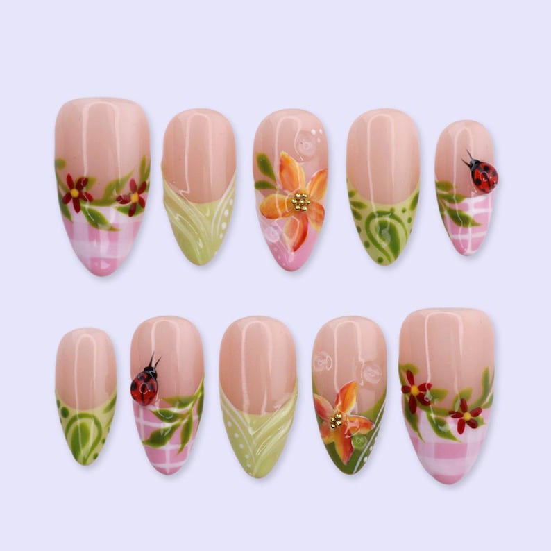 Whimsical Ladybug Garden Press On Nails
