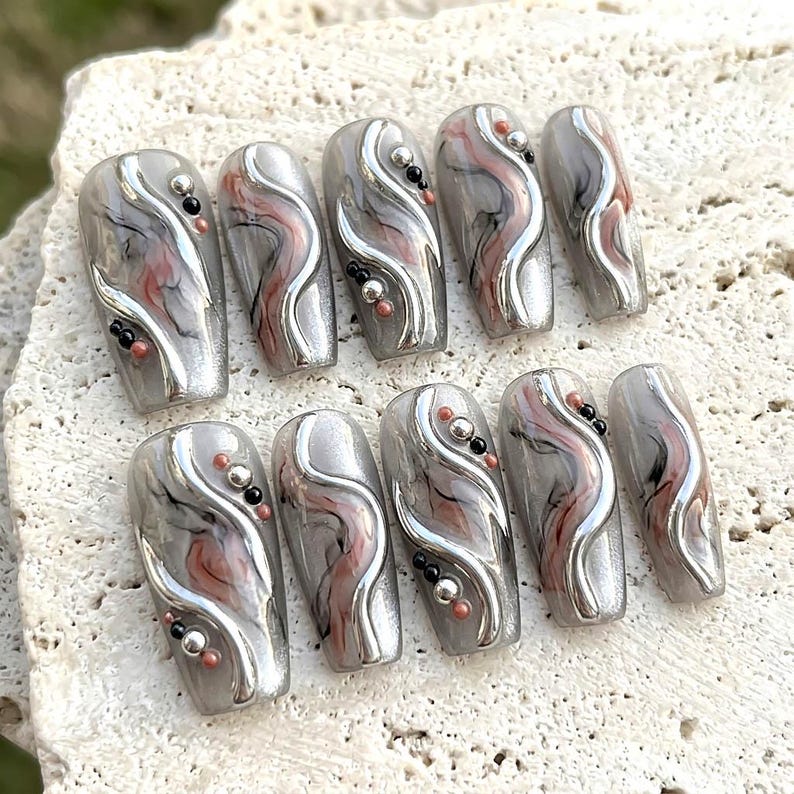 Futuristic Metallic Armor Dark Glam Press On Nails