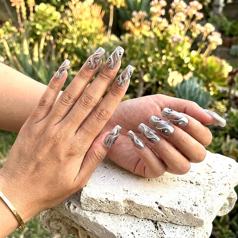 Futuristic Metallic Armor Dark Glam Press On Nails