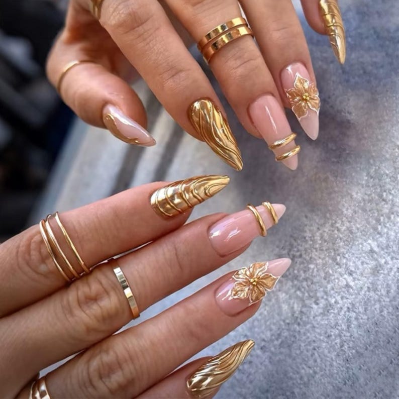 Golden Floral Luxe Press On Nails