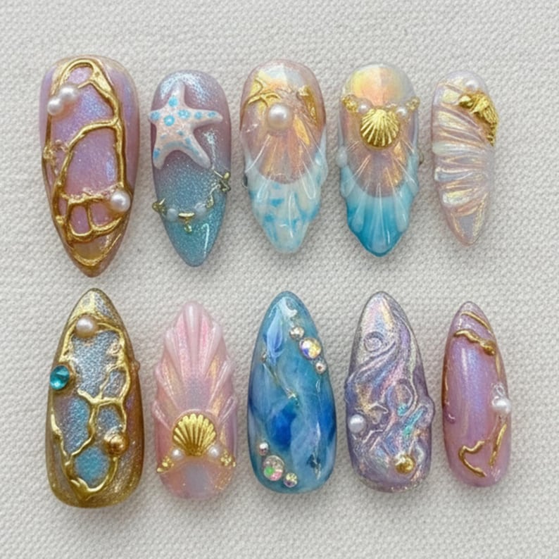 Pearlescent Ocean Fantasy Press On Nails