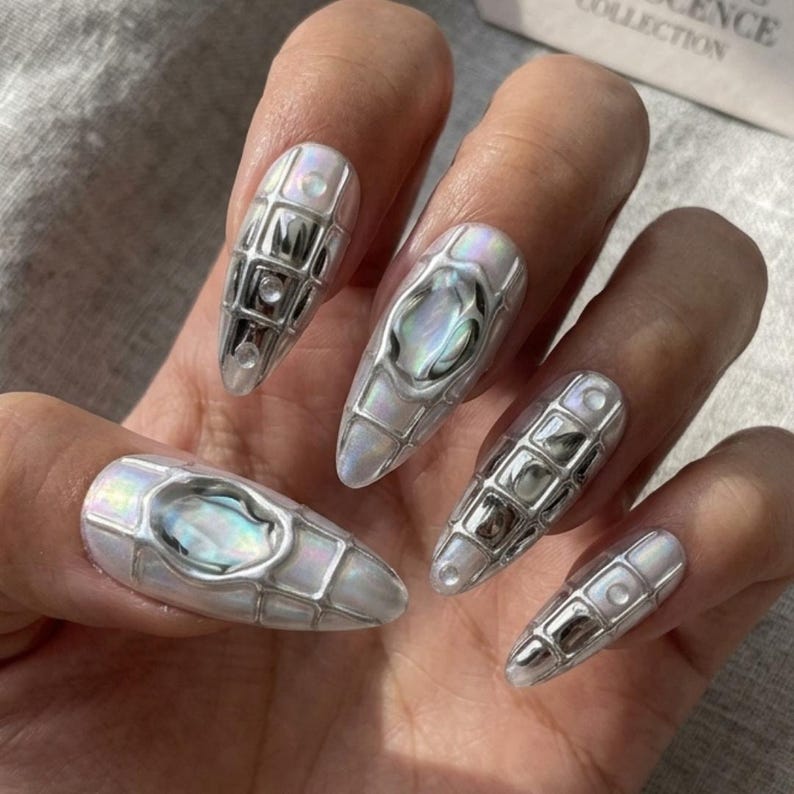 Silver Liquid Metal Press On Nails
