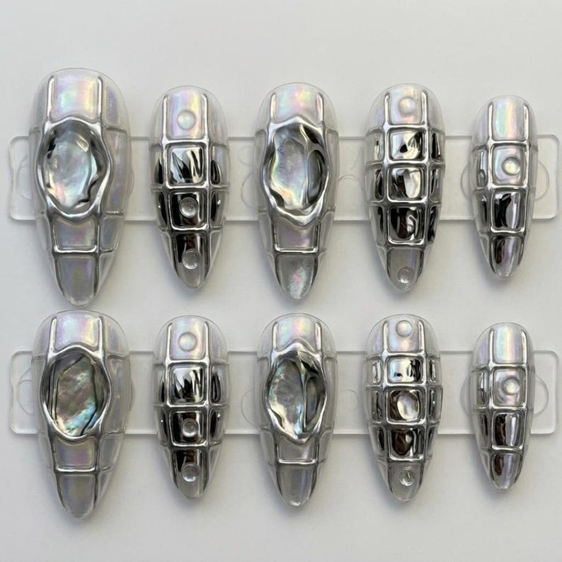Silver Liquid Metal Press On Nails