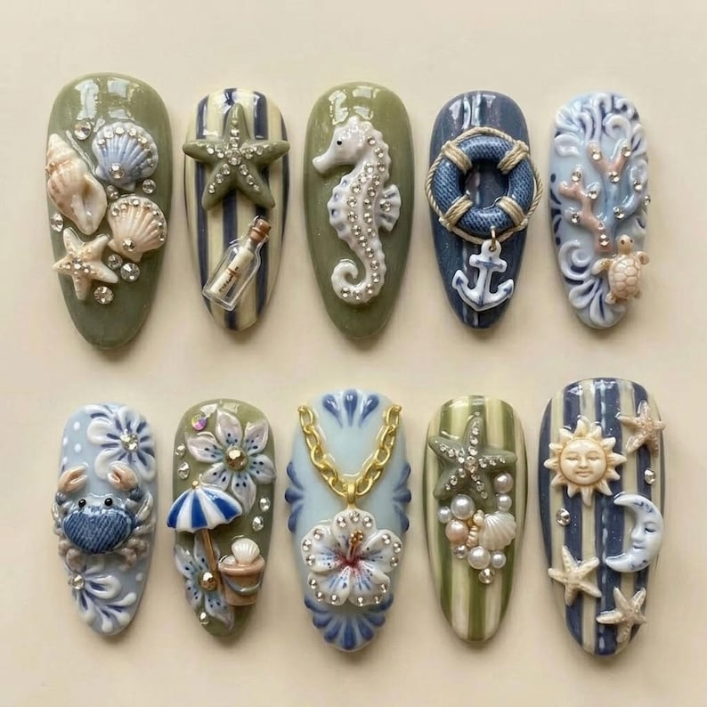 Sculpted Maritime Adventure Press On Nails