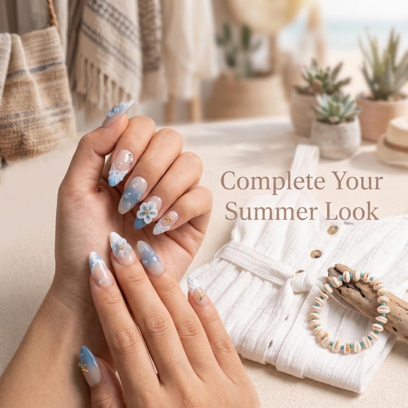 Elegant Ocean Bloom Press On Nails