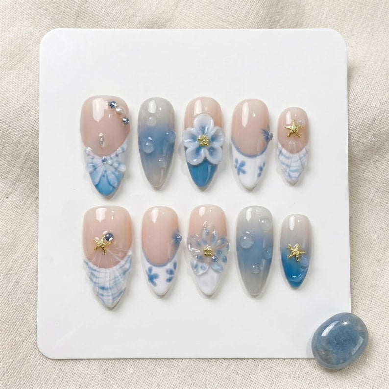 Elegant Ocean Bloom Press On Nails