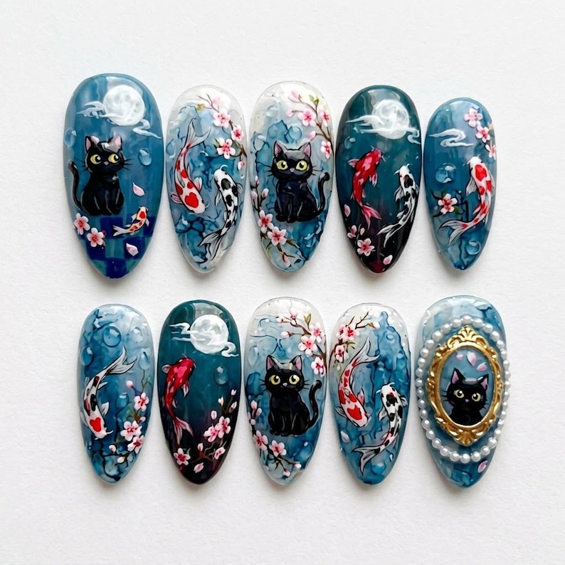 Elegant Hand Painted Koi Press On Nails