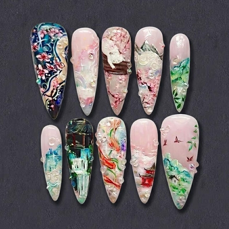 Elegant Oriental Landscape Press On Nails