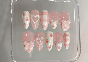 Dreamy Pink Press On Nails | Nail Set With Strawberry Design | Cute Bow and Heart Nail Art | Adorable 3D Raised Art |mother day gift| OB180T