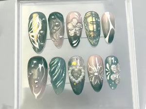 Delicate Blooms Press On Nails | Heart-shaped Pearl Charms On Fake Nails |  Green Leaf Press On Nails | Nail Art | Gift for her | OB193T