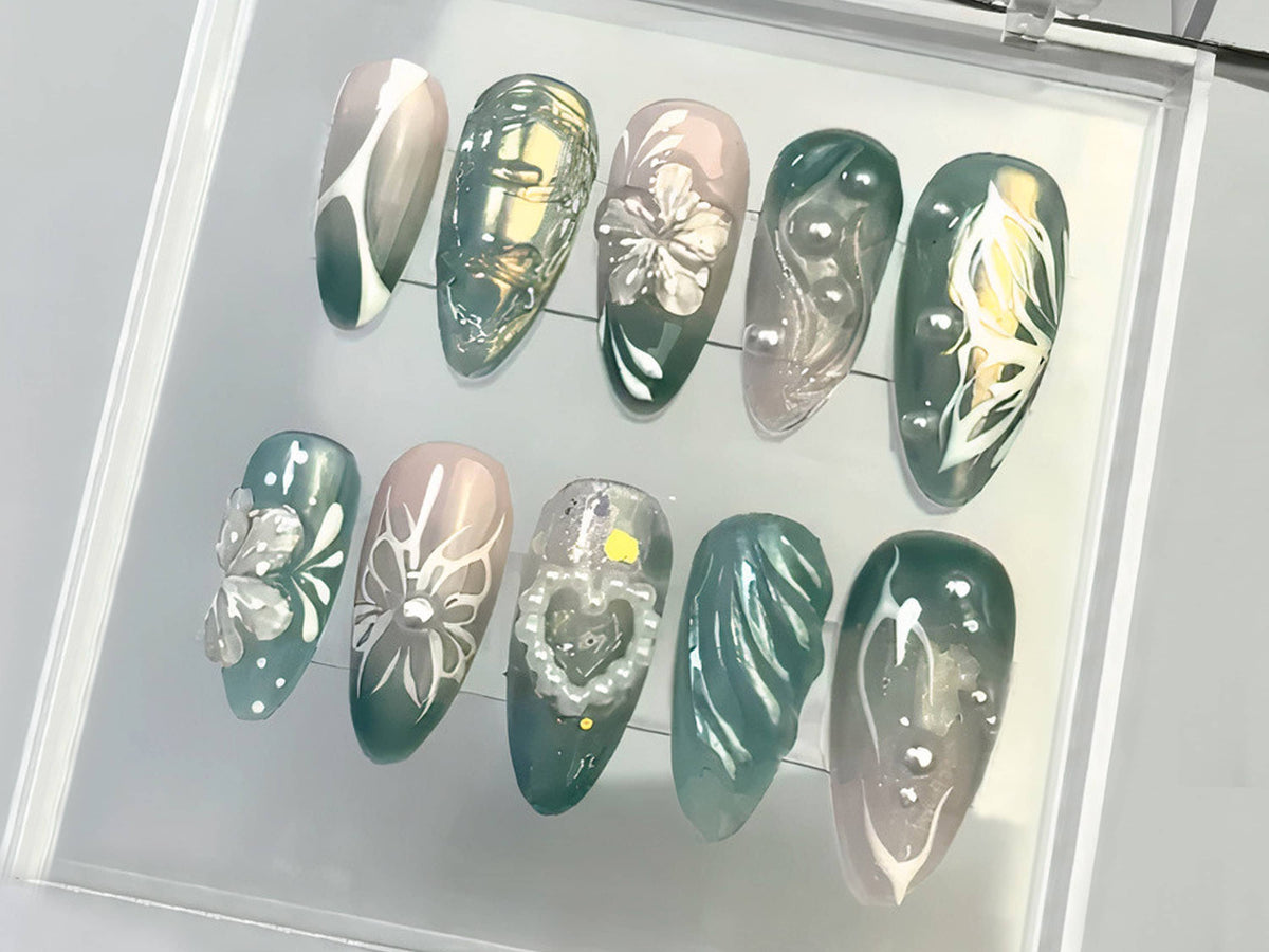 Delicate Blooms Press On Nails | Heart-shaped Pearl Charms On Fake Nails |  Green Leaf Press On Nails | Nail Art | Gift for her | OB193T