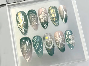 Delicate Blooms Press On Nails | Heart-shaped Pearl Charms On Fake Nails |  Green Leaf Press On Nails | Nail Art | Gift for her | OB193T