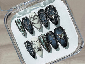 Stunning Acubi-Style Nails | Deep Blue Ombre Press On Nails | Sparkling Gemstones | Almond Nails | OB208