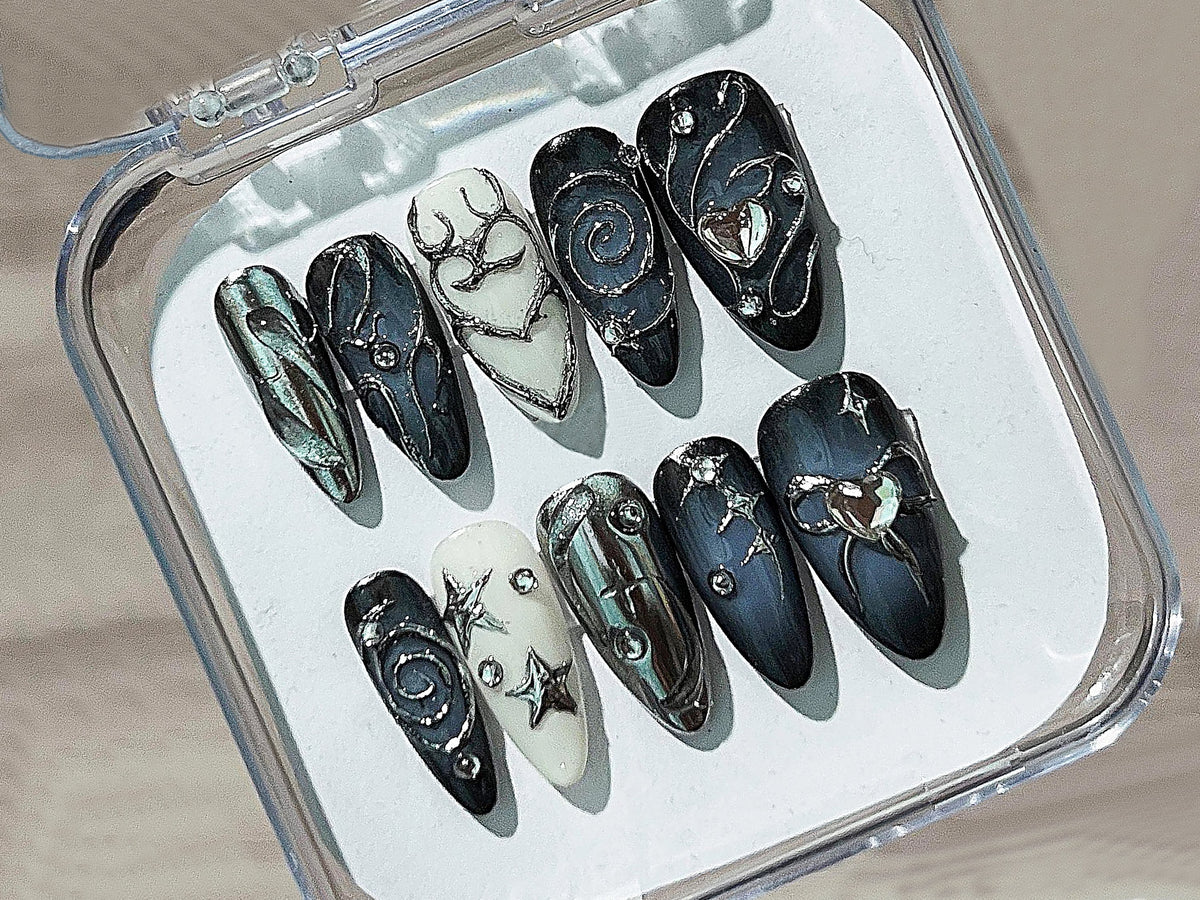 Stunning Acubi-Style Nails | Deep Blue Ombre Press On Nails | Sparkling Gemstones | Almond Nails | OB208