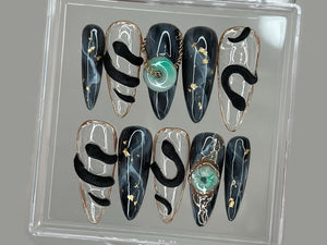 Stunning Press On Nails Almond | Nail Set With Jade Elegance | 3D Black Serpent Design | Luxury Nail Art | Goth, Gothic, Y2K Nails | OB250