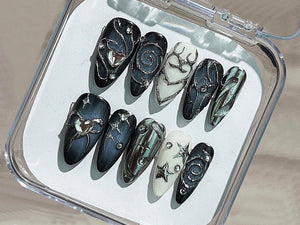 Stunning Acubi-Style Nails | Deep Blue Ombre Press On Nails | Sparkling Gemstones | Almond Nails | OB208