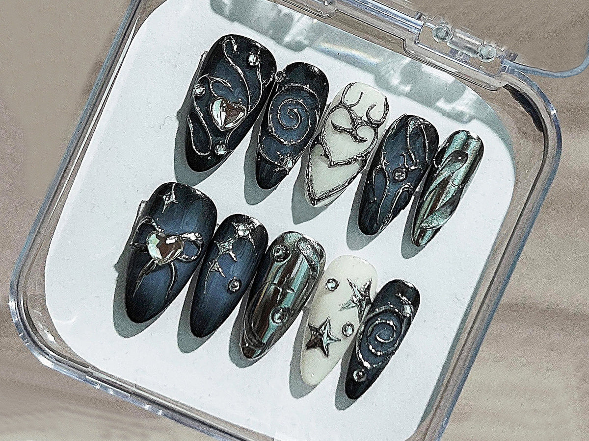 Stunning Acubi-Style Nails | Deep Blue Ombre Press On Nails | Sparkling Gemstones | Almond Nails | OB208