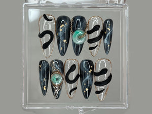 Stunning Press On Nails Almond | Nail Set With Jade Elegance | 3D Black Serpent Design | Luxury Nail Art | Goth, Gothic, Y2K Nails | OB250