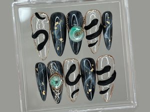 Stunning Press On Nails Almond | Nail Set With Jade Elegance | 3D Black Serpent Design | Luxury Nail Art | Goth, Gothic, Y2K Nails | OB250