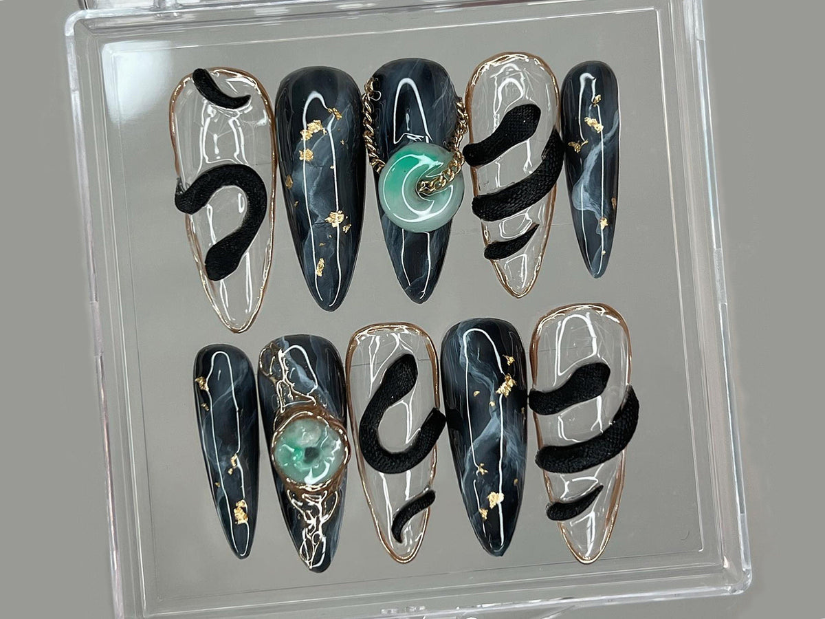 Stunning Press On Nails Almond | Nail Set With Jade Elegance | 3D Black Serpent Design | Luxury Nail Art | Goth, Gothic, Y2K Nails | OB250