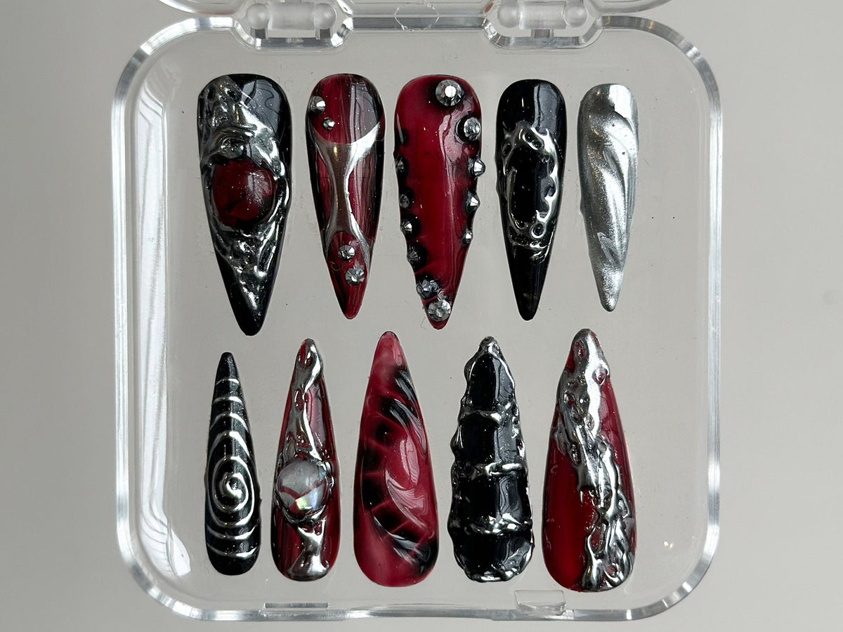 Gothic Chrome Press On Nails | Deep Red & Black 3D Design | Metallic Silver Accents | Spiky Statement Fake Nails | OC560BK
