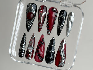 Hand-Painted Free-Style Press On Nails | Silver Metallic Crystal Long Stiletto | Custom Chrome Fake Nails | Y2K, Goth, Gothic Nails |OB295T