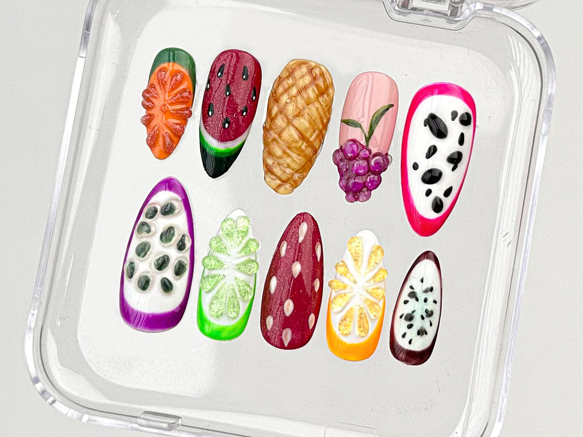 Fruit-themed Press On Nails for a Splash of Color | Tropical Delight On Fake nails | Vibrant Fruit Delight Nail Art | Acrylic Nails | OB360T