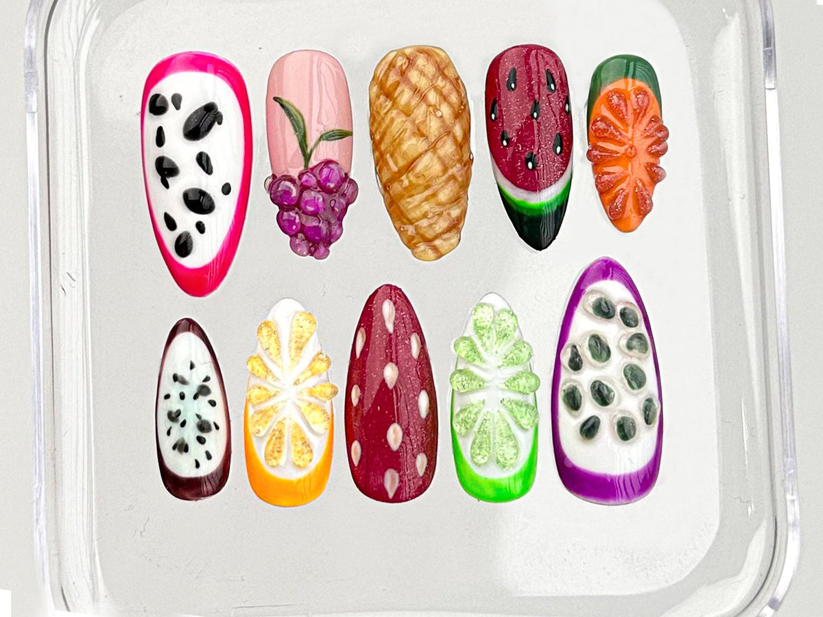 Fruit-themed Press On Nails for a Splash of Color | Tropical Delight On Fake nails | Vibrant Fruit Delight Nail Art | Acrylic Nails | OB360T