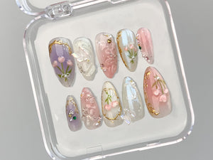 Dreamy Press On Nails Almond | Jelly Pastel Tulip Nail Art | 3D FairyCore Flower Press Ons | Romantic Nail Art in Fake Nails | OB347T