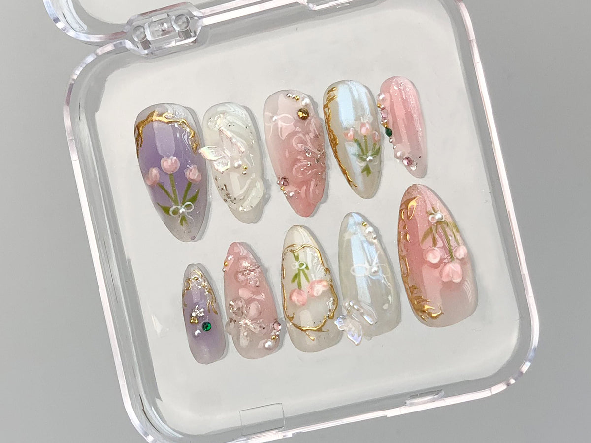 Dreamy Press On Nails Almond | Jelly Pastel Tulip Nail Art | 3D FairyCore Flower Press Ons | Romantic Nail Art in Fake Nails | OB347T