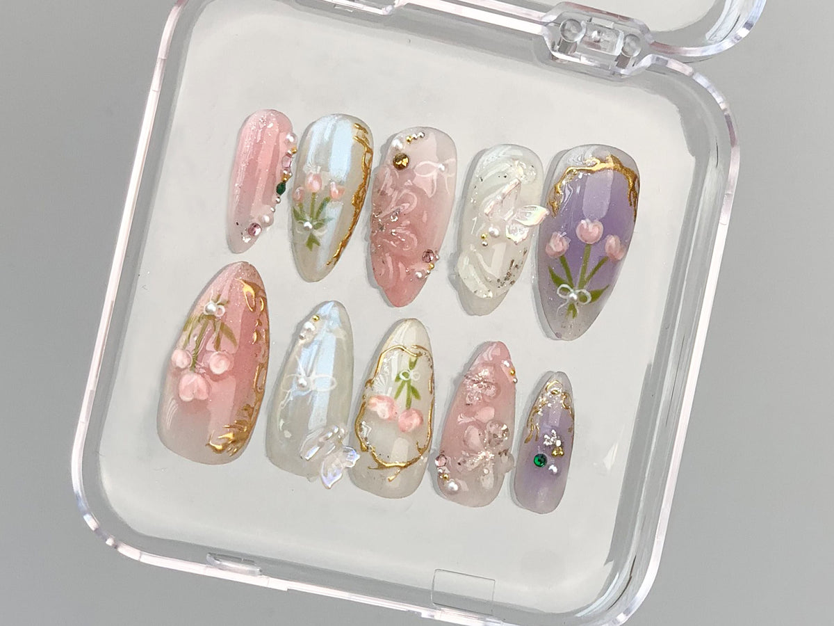 Dreamy Press On Nails Almond | Jelly Pastel Tulip Nail Art | 3D FairyCore Flower Press Ons | Romantic Nail Art in Fake Nails | OB347T