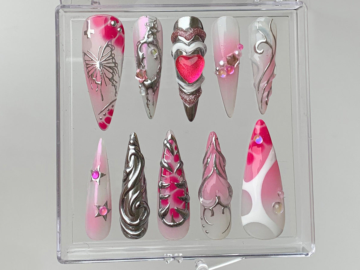 Pink Heart  Press On Nails | gel nail art | Get Nostalgic with Y2K-Inspired Press On Nails | pink press on nails | Nail Art | OB323