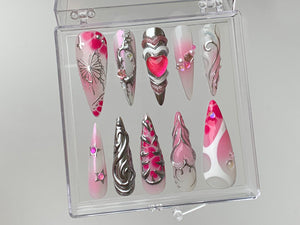 Pink Heart  Press On Nails | gel nail art | Get Nostalgic with Y2K-Inspired Press On Nails | pink press on nails | Nail Art | OB323