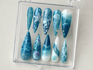 Ocean-inspired Press On Nails | Ocean nailss and Starfish Design On Fake Nails | ocean nails |Jellyfish Pattern on Acrylic nails| OB361TH
