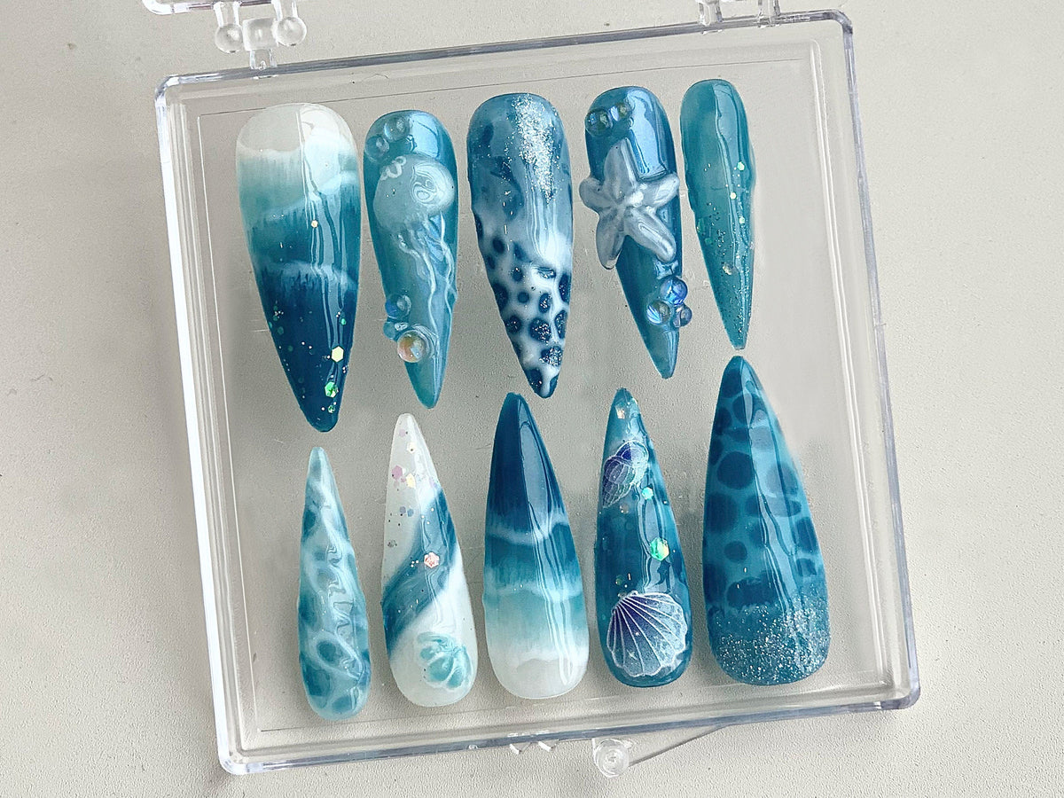 Ocean-inspired Press On Nails | Ocean nailss and Starfish Design On Fake Nails | ocean nails |Jellyfish Pattern on Acrylic nails| OB361TH